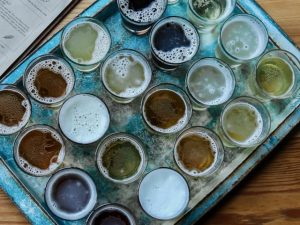 tray of non alcoholic beer for tasting