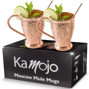 set of embossed copper Moscow mule mugs