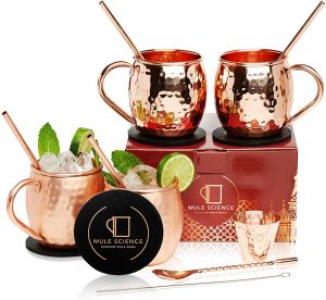 set of Moscow mule mugs with jigger and bar spoon