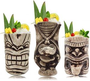 beige and brown carved ceramic tiki mugs set of 3 different designs that match